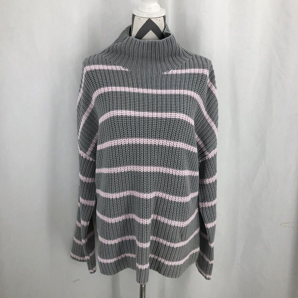 Caslon Gray Pink Striped Sweater Mock Neck Long Sleeve Large NWT